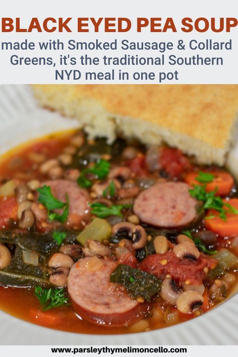 Black Eyed Pea Soup with Smoked Sausage & Collard Greens. All the traditional, southern New Year's Day foods in one pot #newyearsday #newyearsdaymenu #southernrecipes #nyd #soup #glutenfree #blackeyedpeasforhealth Blackeyed Pea Soup With Collard Greens, New Year’s Day Soup, Blackeyed Pea Soup, Soup With Smoked Sausage, Arabic Eyeliner, Turnip Green Soup, Collard Green Soup, Black Eyed Pea Soup, New Years Day Meal