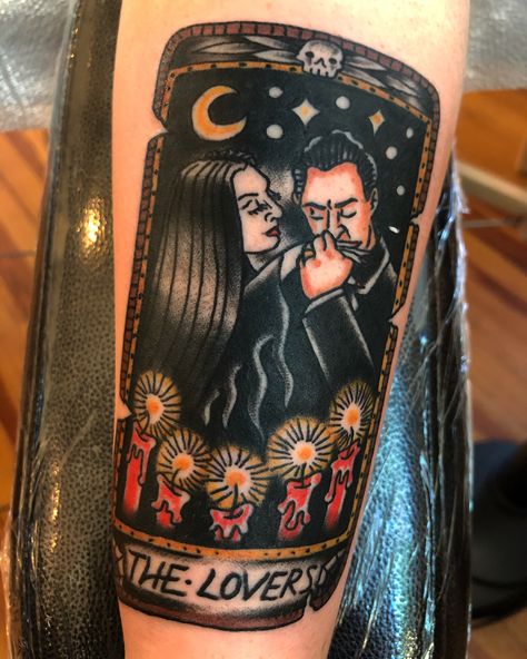 The Lovers tarot card featuring Gomez and Morticia Adams tattoo Gomez And Morticia Tattoo, Morticia Tattoo, Traditional Tattoo Pin Up, Addams Family Tattoo, Gomez Morticia, Chess Piece Tattoo, Morticia And Gomez, Feminist Tattoo, Stone Tattoo