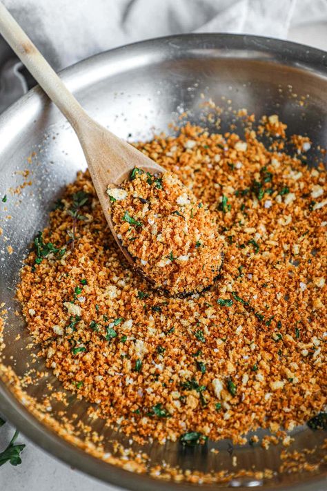 Pangrattato (Crispy Breadcrumbs) add the perfect crunch to pasta, salads, soups and more in under 5 minutes. Just add the breadcrumbs to a pan, toast, customize with your favorite herbs and mix-ins, then enjoy! Breadcrumb Seasoning, Pangrattato Recipe, Breadcrumb Recipe, Toasted Bread Crumbs, Breadcrumbs Recipe, Crunchy Toppings, Bread Crumbs Recipe, Salad Toppers, Panko Crumbs