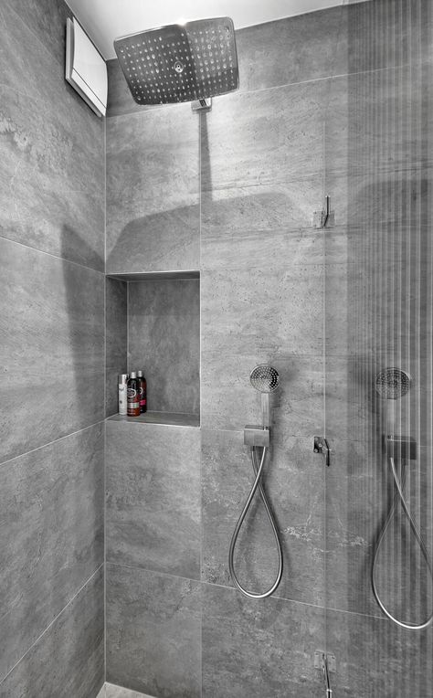 Shampoo Shelf In Bathroom, Shower Alcove Shelf, Alcove Shower Ideas, Alcove Shelf, Silver Tiles, Floating Furniture, Downstairs Shower Room, Shower Alcove, Alcove Shelves