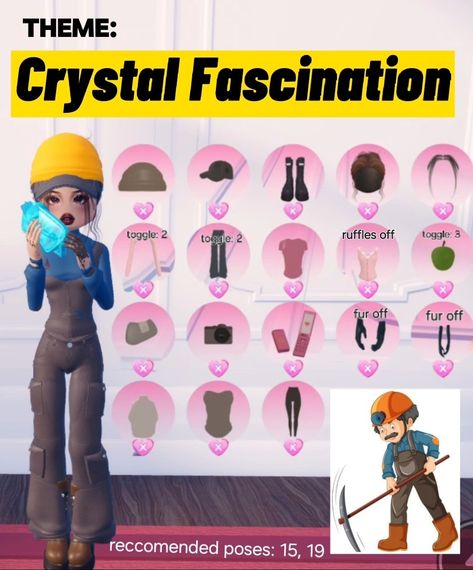 DTI dti dress to impress crystal fascination outfit mine worker with crystal Outfits Crystal Fascination Dress To Impress, Crystal Fascination Outfit, Crystal Fascination Dress To Impress, Crystal Fascination, Mine Worker, Girly Games, Royal High Outfits Ideas Cheap, Vip Dress, Roblox Dress