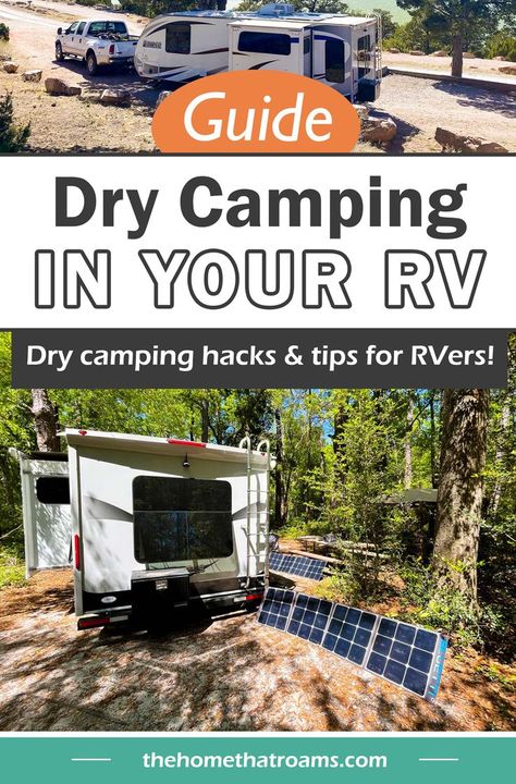 RV at a woodsy dry camping location with portable solar panels setup next to it. Dry Camping Hacks, Boondocking Camping, Cheap Rv, Dry Camping, Rv Solar, Living On A Budget, Camping Adventure, Free Camping, How To Go