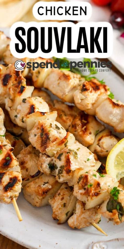 Chicken Souvlaki is super easy to make and absolutely bursting with flavor! Chicken pieces and onions are marinated and grilled until perfectly tender & juicy. We love serving souvlaki over rice with a side of Greek salad! #spendwithpennies #souvlaki #chickensouvlaki #Greek Chicken Souvlaki Recipe, Greek Marinated Chicken, Souvlaki Recipe, Grilled Chicken Kabobs, Marinating Chicken Breast, Chicken Souvlaki, Recipe For Chicken, Skewers Grill, Spend With Pennies