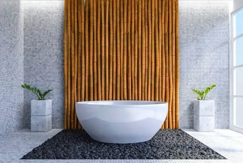 Bamboo Wall Bathroom, Bamboo Wall Covering, Bamboo Fencing, Panel Divider, Warehouse Living, Divider Ideas, Bamboo Panels, Bamboo Poles, Art Deco Bathroom