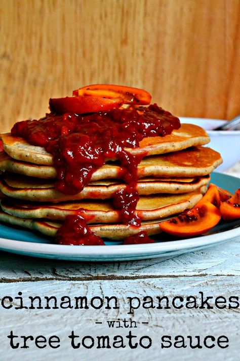 Cinnamon Pancakes with Lime Tree Tomato Sauce Easy Potato Pancake Recipe, Scratch Pancake Recipe, Recipe With Salsa, Zucchini Pancake, Mashed Potato Pancakes Recipe, Tree Tomato, Potato Pancakes Easy, Cinnamon Sauce, Vegan Pancakes Easy