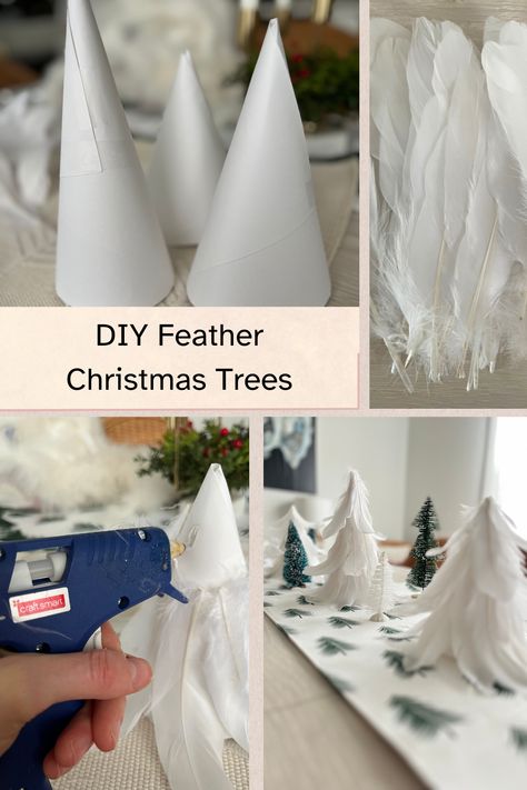 Step by step how to make feather Christmas trees! These classy trees are the perfect addition to your tabletop holiday decor. Modge Podge Christmas Tree, Diy Feather Christmas Tree, Christmas Tree Feathers, White Feather Boa, Feather Christmas Tree, Glam Christmas Tree, Home Decor Videos, Diy Feather, Front Door Diy