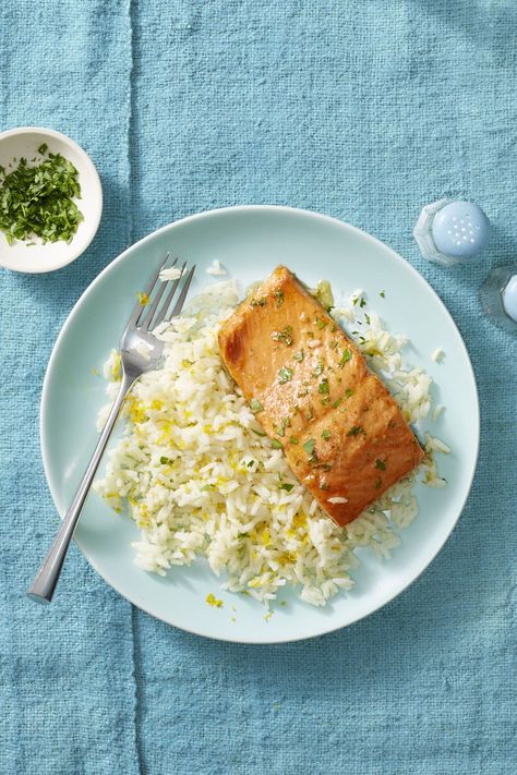 Garlic Butter Salmon and Citrus Ricewomansday Citrus Rice Recipe, Garlic Butter Salmon In Foil, Citrus Rice, Lemon Garlic Butter Salmon, Salmon In Foil, Salmon Soy Sauce, Garlic Butter Salmon, Butter Salmon, Easy Seafood