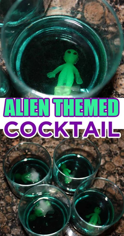 Sci Fi Party Ideas, Et Themed Party, Space Party Drinks, Alien Themed Cocktails, Alien Theme Party Food, Alien Cocktails, Alien Themed Food, Alien Desserts, Alien Bachelorette Party