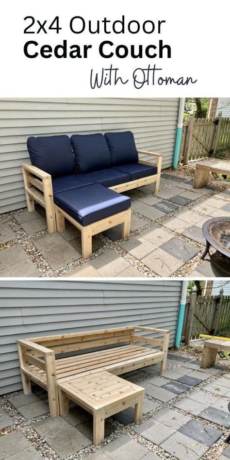 2x4 Couch Diy, Patio Couch Diy, Outdoor Couch Diy, Outdoor Sofa Diy, Cabin Porch, Outdoor Furniture Diy Easy, Couch With Ottoman, Diy Porch, Porch Furniture