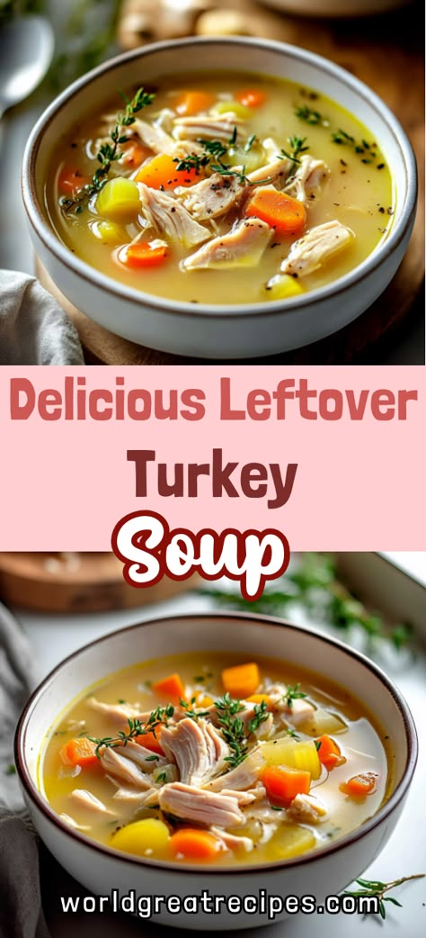 Looking for a tasty way to use leftover turkey? Try this delicious turkey soup recipe that’s perfect for the whole family! With savory broth, shredded turkey, and a mix of vegetables, this dish is the ultimate comfort food. It’s easy to make, filling, and packed with flavor, making it the perfect way to enjoy your leftover turkey after a big feast. Reheat, enjoy, and savor each bite! Pioneer Woman Leftover Turkey Soup, Leftover Thanksgiving Soup Recipes, Turkey Leftovers Soup, Turkey Leftover Recipes Soup, What To Make With Turkey Broth, Uses For Leftover Turkey, Leftover Shredded Turkey Recipes, Leftover Turkey Soup Recipes Easy, Soup With Leftover Turkey