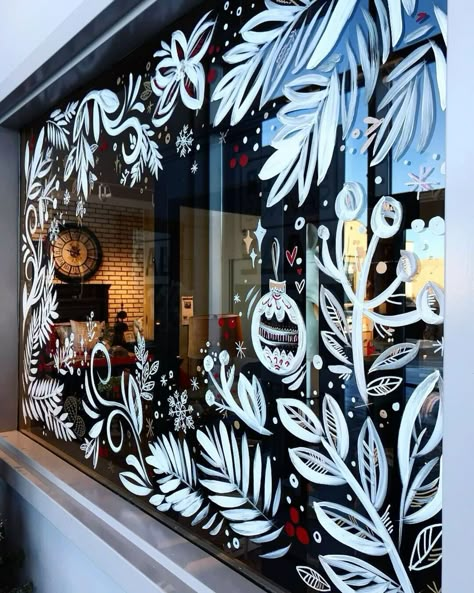 Sunny Street, Painted Window Art, Window Paintings, Christmas Shop Window, Holiday Window Display, Christmas Window Painting, Window Mural, Window Illustration, Christmas Window Display