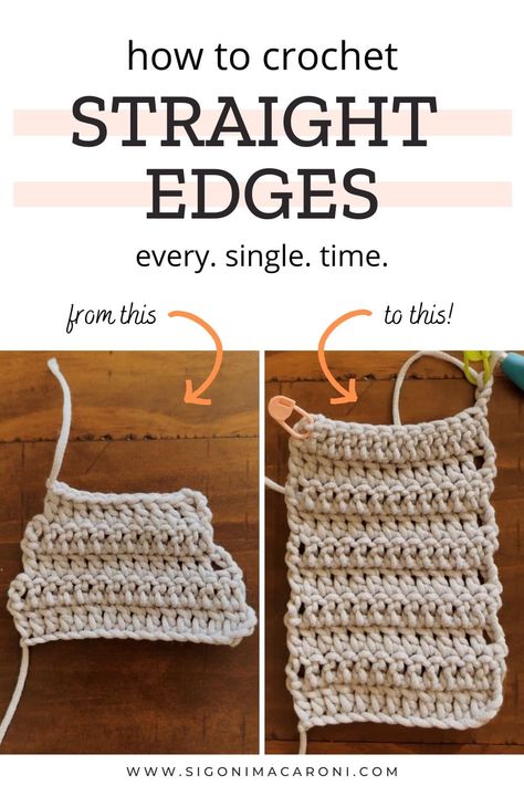 THIS is How to Crochet Straight Edges Once and for All via @sigonimacaronii How To Crochet Straight Sides, Fix Uneven Crochet Edges, How To Crochet A Straight Edge, Double Crochet Straight Edges, Beginner Single Stitch Crochet Projects, How To Fix Uneven Crochet Edges, How To End A Crochet Row, Double Crochet Blanket Pattern, Crochet Straight Edges