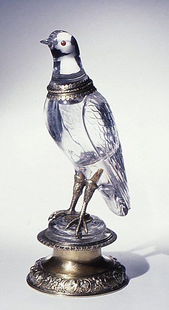 Bird Date: ca. 1580 Culture: German, Nuremberg Medium: Rock crystal, silver gilt and ruby Dimensions: H. (with base) 12-1/8 in. (30.8 cm) Classification: Natural Substances-Rock Crystal Credit Line: Gift of J. Pierpont Morgan, 1917 Accession Number: 17.190.534a, b Art Ancien, Vintage Perfume Bottles, Snuff Bottle, Vintage Perfume, Objet D'art, Rock Crystal, Rococo, Metropolitan Museum Of Art, Metropolitan Museum