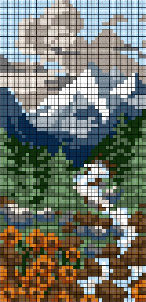 Desert Alpha Pattern, Crochet Alpha Pattern Landscape, Scenery Alpha Pattern, 2 Colour Pixel Art, Crochet Tapestries Pattern, Alpha Pattern Mountain, C2c Pixel Crochet, Nature Perler Bead Patterns, Perler Bead Landscape