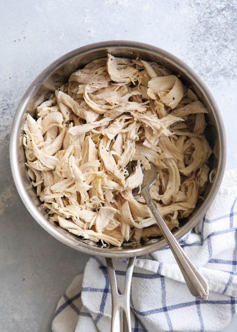 Easy Shredded Cooked Chicken (Slow Cooker, Instant Pot and Stovetop) - Completely Delicious Stovetop Pulled Chicken, Pulled Chicken Stovetop, Shredded Chicken Stovetop, Best Shredded Chicken Recipes, Best Shredded Chicken, Chicken Wrap Recipes Easy, Chicken In The Slow Cooker, Garlic Chicken Breast Recipes, Shredded Cooked Chicken