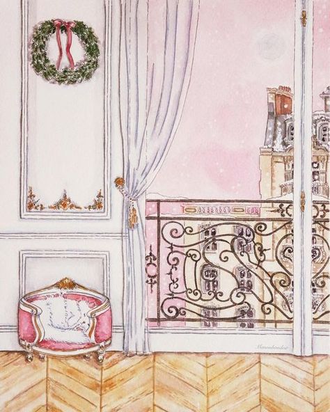 Eloise Christmas Aesthetic, Pink Christmas Drawing, Pink Christmas Illustration, Eloise Christmas, White Cat Illustration, Drawing Ballerina, Nutcracker Dance, Parisian Christmas, Eloise At Christmastime