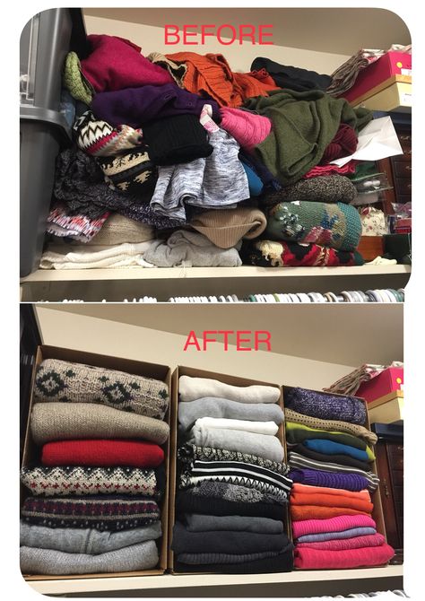 Wardrobe Organisation Boxes, Crop Top Closet Organization, Store T Shirts In Closet, Sweaters Closet Organization, Storing Clothes On Shelves, Crop Top Storage Ideas, Knit Sweater Organization, Closet Top Shelf Storage, Sweater Boxes Closet