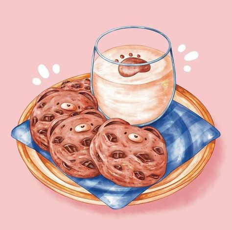 Nostalgic Food, Cookie Drawing, 귀여운 음식 그림, Foodie Art, Food Illustration Art, Monthly Challenge, Baked Cookies, Milk And Cookies, Cute Food Drawings