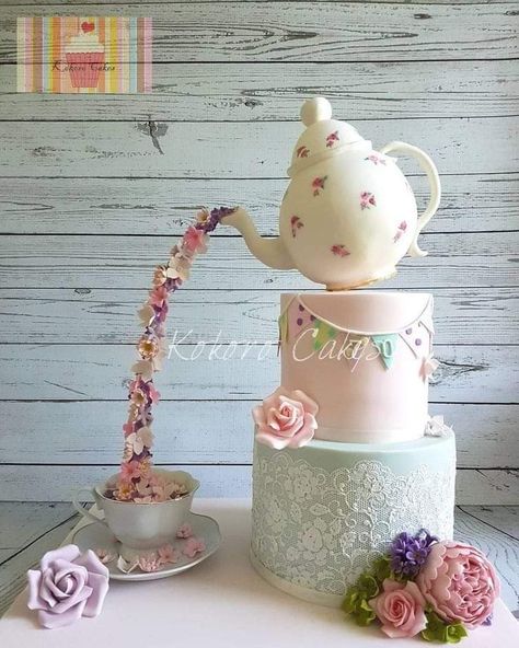 Whimsical Garden Cake, Garden Tea Party Cake, Tea Party Bridal Shower Cake, Princess Tea Party Cake, Tea Party Baby Shower Cake, Festive Cakes, Retro Tea Party, Vintage Tea Parties, Tea Party Cake