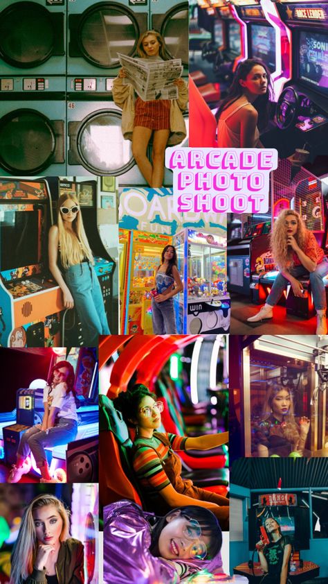 Arcade Family Photoshoot, Arcade Photoshoot Aesthetic, Arcade Aesthetic Photoshoot, Period Board, Y2k Shoot, Arcade Shoot, Arcade Fashion, 90s Arcade, Arcade Photoshoot