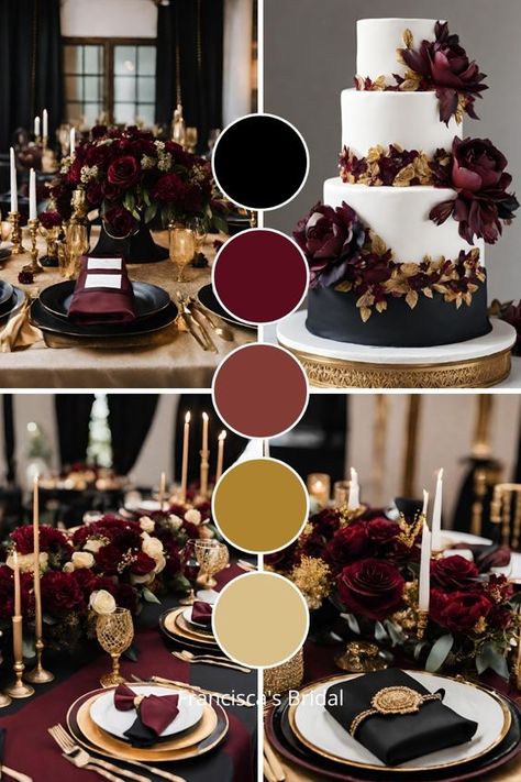 If you are looking for ideas to help you create your wedding color palette, then check out these beautiful black, maroon, and gold wedding color ideas to help inspire you! This wedding color palette consists of purple, teal blue, and white to make a color palette that looks absolutely stunning! | Wedding color schemes | Wedding color palettes | Wedding theme | Wedding theme ideas | Wedding colors | Wedding color inspiration | Wedding color ideas | Wedding themes | Wedding colors unique | Fall wedding color ideas | Winter wedding color ideas | Spring wedding color ideas | Summer wedding color ideas | Nye Wedding Color Palette, Burgundy Gold Wedding Theme, Wedding Colors With Gold, Maroon And Black Wedding, Elegant Wedding Color Schemes, Maroon And Gold Wedding, Black Wedding Colors, Wedding Color Schemes Red, Rustic Fall Wedding Colors