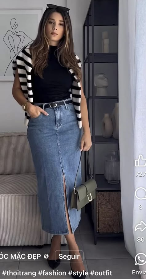 Long Denim Skirt Outfits, Skirt Outfits For Women, Denim Skirt Outfit Summer, Casual Bar Outfits, Long Denim Skirt Outfit, Jean Skirt Fashion, Denim Skirt Outfit, Jean Skirt Outfits, Denim Skirt Fashion