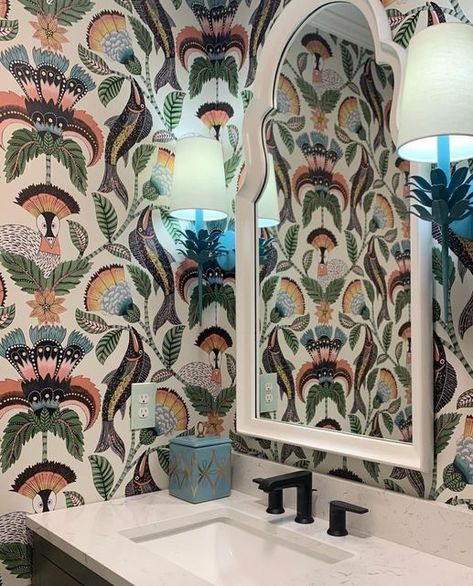 Cole & Son on Instagram: "Coral, sage & teal make up the delightfully bright palette of Nene 119/8036’s exuberant & surreal design. Create an unforgettable feature in a powder room like @elizabeth_allran with this beautiful, whimsical print ✨ Share your Cole & Son interiors with #mycoleandson" Surreal Wallpaper, Sage And Teal, Cole Son Wallpaper, Son Wallpaper, Bright Palette, Amazing Wallpapers, Amazon Photos, Cole And Son Wallpaper, Downstairs Loo