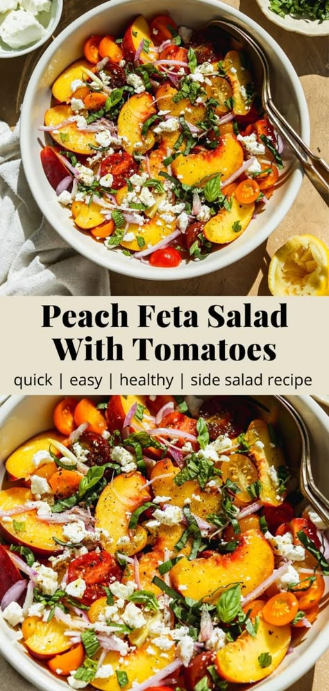 Peach Tomatoes Salad, Tomato-peach Salad With Feta And Cucumber, Peach Feta Salad Recipes, Peaches Salad Recipes, Peach Orzo Salad, Peach Avocado Salad, Healthy Spring Salad Recipes, Springtime Salad Recipes, Peach Basil Salad