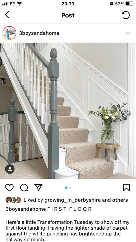 All White Stairs, Stair Bannister Ideas, Bannister Ideas, Stairs And Hallway Ideas, Stairs Colours, Stair Paneling, Entrance Hall Decor, White Hallway, Norfolk House