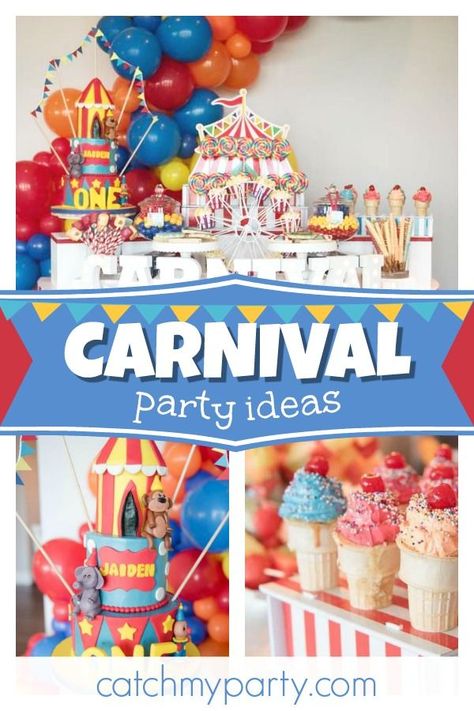 Don't miss this fantastic carnival themed 1st birthday party! The birthday cake is amazing! See more party ideas and share yours at CatchMyParty.com  #catchmyparty #partyideas #circus #circusparty #1stbirthdayparty #carnival #carnivalparty #boybirthdayparty Carnival Party Ideas, Carnival Themed Cakes, Carnival Party Foods, Circus Images, Carnival Birthday Cakes, 21st Birthday Party Themes, 18th Birthday Party Themes, Carnival Birthday Party Theme, Circus Carnival Party