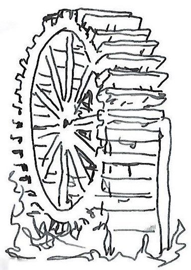 Waterwheel Water Wheel Drawing, Wheel Drawing, Water Wheels, Water Wheel, Simple Tattoos, Comic Book, The House, Wheel, Electricity