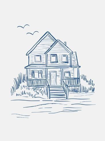 size: 12x9in Photographic Print: Nantucket Beachhouse by Jolly and Dash : Nantucket Art Print, Beach House Sketch, Nantucket Art, Lake House Drawing, Drawing Of A House, Tiny House Drawing, House Line Art, Beach House Drawing, Simple House Drawing