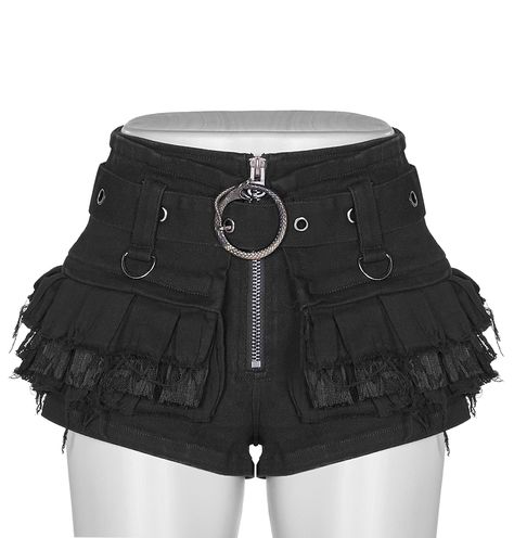 Nouveau produit : Tattered frilly black denim shorts with belt sexy rock Punk Rave Vous aimez ? / New product do you like ?  Prix: 64.90  #new #nouveau #japanattitude #shorts #gothique #gothic #rock #black #jeans #denim #high #waist #frills #shreds #ripped #buckle #belt #punk #rave #punkrave #goth #sexy #k400bk #wk400xdfbk #k400 #highwaist #k-400bk #wk-400xdf-bk #punk-rave Soft Goth Outfits, Punk Tshirt, Goth Shorts, Frilly Shorts, Gothic Shorts, Punk Shorts, Punk Skirt, Goth Skirt, Alt Clothes