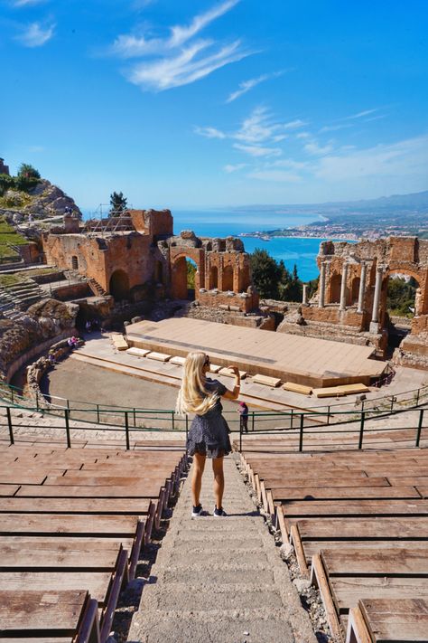 Ancient Greek theatre in Taormina, Sicily Island, Italy Taormina Sicily Photography, Taormina Photo Ideas, Sicily Photo Ideas, Sicily Photoshoot, Sicily Moodboard, Italian Summer Aesthetic, Catania Sicily, Visit Sicily, Taormina Sicily