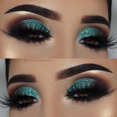 Follow me Farzana Motiwala Teal Eye Makeup, Machiaj Smokey Eyes, Trucco Smokey Eye, Holiday Eye Makeup, Glittery Eye Makeup, Make Up Designs, Teal Eyes, Green Smokey Eye, Holiday Makeup Looks