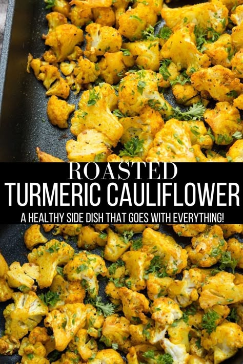 Turmeric Roasted Cauliflower is a colorful side dish with anti-inflammatory health benefits to give your immune system a little boost! This easy vegetable side dish pairs wonderfully with any main dish! #turmeric #cauliflower #healthy #sidedish #paleo #lowcarb #vegan Cauliflower Vegan, Turmeric Cauliflower, Cooking With Turmeric, Easy Vegetable Side Dishes, Easy Cauliflower, Easy Vegetable, Side Dishes For Bbq, Vegan Side Dishes, Vegan Sides