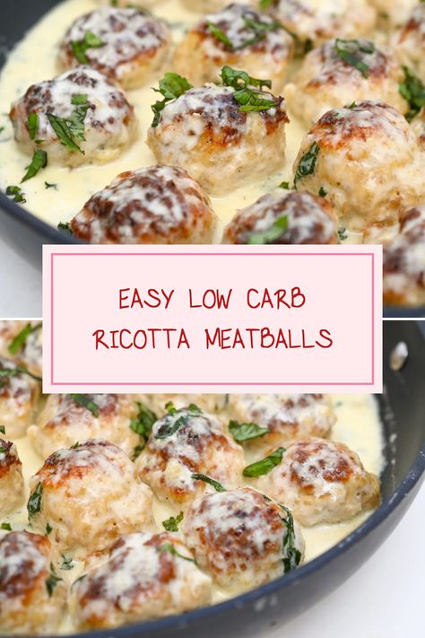 This pin features easy low carb ricotta meatballs, showcasing meatballs being added to a skillet and beautifully cooked ricotta meatballs to inspire yummy meal ideas. Slow Cooker Keto Meatballs, Easy Meal Prep Meatballs, Keto Recipes Meatballs, Keto Meatball Bake, Meatballs Made With Ricotta Cheese, Keto Ricotta Cheese Recipes, Ricotta Cheese Recipes Keto, Keto Recipes With Ricotta Cheese, Meatballs With Ricotta Cheese