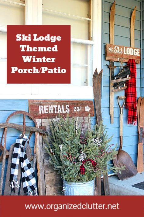 Christmas Ski Lodge Theme, Ski Chalet Christmas Decor, Ski Repurpose, Ski Decorations Christmas, Chalet Christmas Decor, Ski Lodge Christmas Decor, Covered Patio Decor, Old Skis Ideas, Vintage Ski Lodge Decor