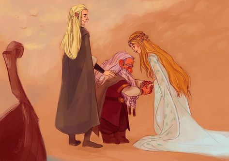 Welcome Gimli, son of Gloin to Valinor. For those that may not know, Gimli and Legolas both sail to Valinor to live out the rest of their days. Gimli was finally able to see Galadriel again, whom he very much loved and adored. This is one of my favourite pieces of LOTR art.   Artist:heathlynnn Tater Salad, Lady Galadriel, Legolas And Gimli, John Howe, Middle Earth Art, Into The West, Tolkien Art, Lotr Art, Tauriel