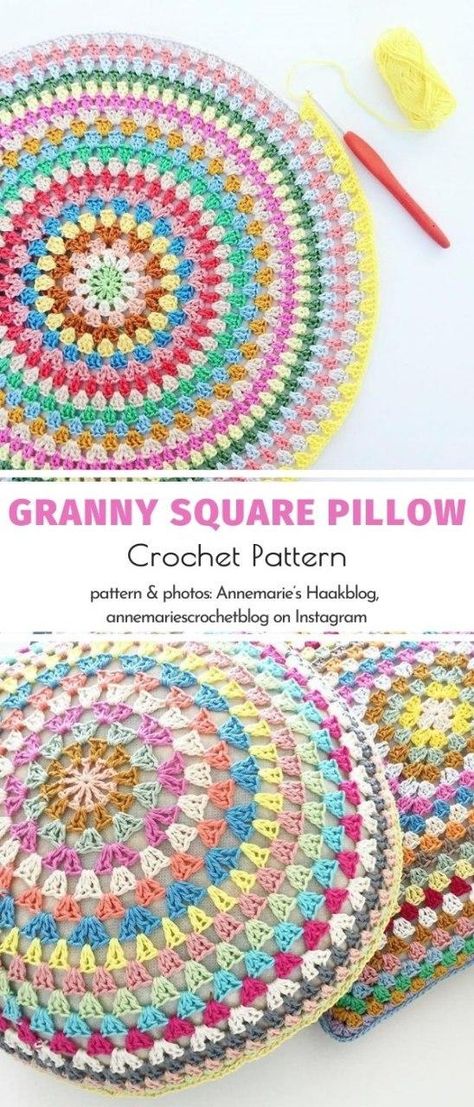 Granny makes the world go round and this project by Annemarie’s Haakblog certainly proves that! If you want to make the good old sofa pop, a set of colorful crochet pillow is just the thing for you. Can you believe that even beginners can easily learn how to make one?  #crochetpattern #grannystitch #pillow Round Crochet Pillow Patterns, Circular Pillow Crochet Pattern Free, Granny Square Cushion Cover Free Pattern, Crochet Pillow Cover Granny Square, Granny Square Pillow Pattern Free, Crochet Square Pillow, Granny Square Pillow Cover, Crochet Granny Square Pillow, Bedroom Crochet