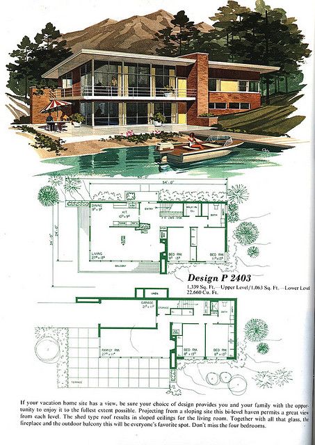 Mid-century Modern House Floorplan| P2403 Vintage House Plans 1960s, Valley House, Mid Century Modern House Plans, Vintage Homes, Vintage Vacation, Vintage House Plans, Casas The Sims 4, Mid Century Architecture, House Vintage