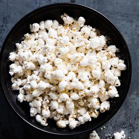 Lemon-Parm Popcorn Air Popped Popcorn, Pop Popcorn, Lemon Pepper, Virgin Olive Oil, Test Kitchen, Pop It, Grated Parmesan Cheese, Dietary Fiber, Parmesan Cheese