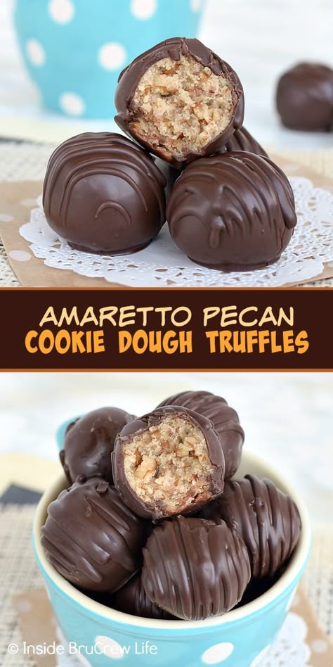 Amaretto Pecan Cookie Dough Truffles Alcoholic Candy, Pecan Truffles, Melt Chocolate For Dipping, Truffle Dessert, Edible Cookie Dough Bites, Alcohol Chocolate, Butterfinger Cookies, Cheesecake Jars, Pecan Cookie