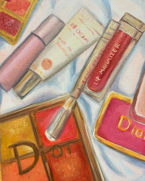 ‘Rituals’ Oil on canvas, 21x25 cm . . . . . . . . . . . tags: #girlhood #girlpainting #makeup #aesthetic #makeupproducts #painting #oilpainting #girlhoodaesthetic #mascara #dior @dior #lipstick #stilllife #stilllifepainting #flatlay #flatlaypainting Makeup Painting Canvas Art, Art Inspo Beginner, Still Life Title Page Gcse, Girlhood Painting, Gcse Art Still Life, Final Piece Art Gcse, Zodiac Sign Drawings, Girly Painting Ideas, Dior Painting