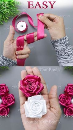 How to make ribbon rose - Ribbon HACKS #howtomakesatinribbonflower Silk Paper Flowers Diy, Rose Flower Making With Ribbon, Things To Do With Ribbon Crafts, Make A Rose Out Of Ribbon, Ribbon Flower Making, Rose Made Of Ribbon, Fabric Flower Making Ideas, Flower Ribbon Tutorial, Fabric Roses Diy Tutorials