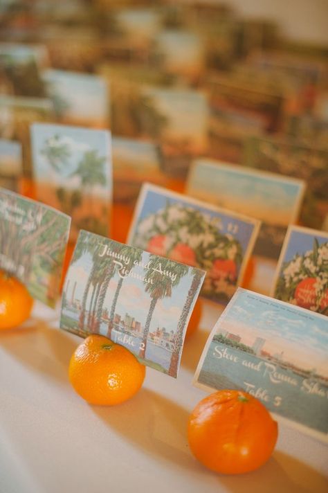 orange inspired escort cards with vintage postcards http://www.weddingchicks.com/2013/09/20/vintage-destination-wedding/ Diy Destination Wedding, Wedding Seating Cards, Fruit Wedding, Citrus Wedding, Card Table Wedding, Seating Cards, Orange Wedding, Wedding Seating, Table Cards