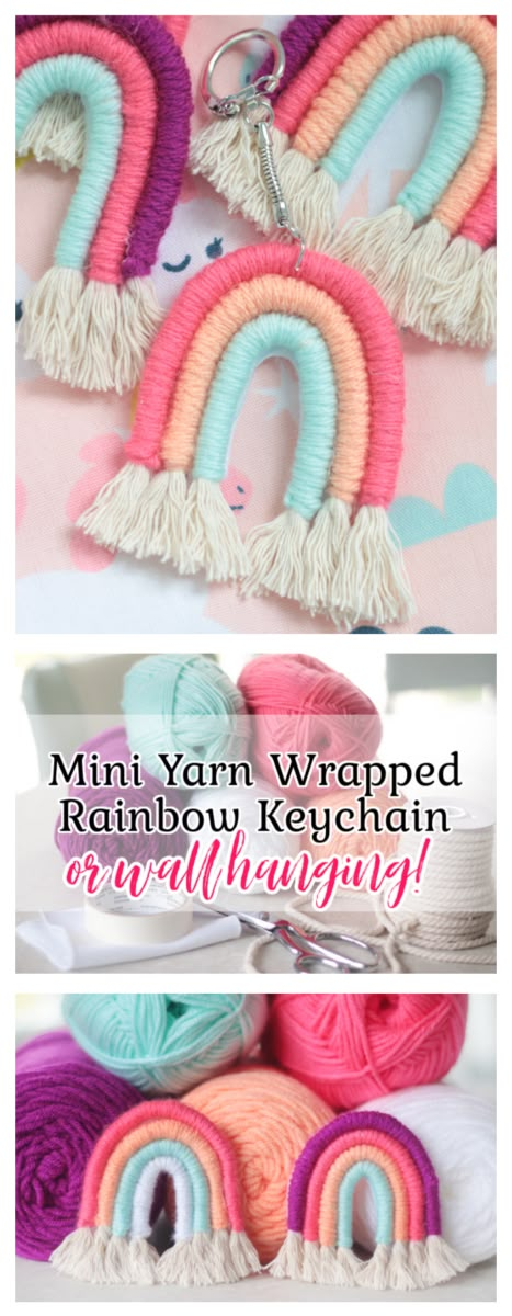 Cord Rainbow Diy, Wrapped Rope Wall Hanging, Yarn Rainbow Keychain Diy, How To Make Macrame Rainbow Keychain, Things To Make With Yarn Diy Projects, Yarn Wrapping Crafts, Fun Yarn Crafts, Rope Rainbow Diy, Spring Easy Crafts