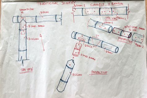 Gallery of Learning Basic Bamboo Joinery With Indonesian Carpenters - 32 Bamboo Joinery, Wood Joinery Detail, Plumbing Vent, Green Building Materials, Bamboo House Design, Carpentry Workshop, Bamboo Structure, Bamboo Architecture, Bamboo Construction