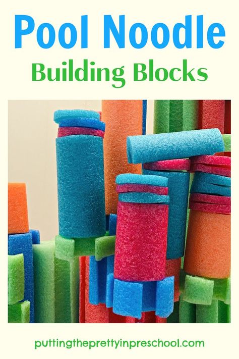 Pool noodle building blocks are fantastic in the block corner or as loose parts. This is a STEAM activity you will want to try. Building Block Activities For Preschoolers, Pool Noodle Building Blocks, Ocean Theme Block Center Preschool, Pool Noodle Building, Block Area Ideas For Toddlers, Ocean Block Center Preschool, Building Activities For Preschoolers, Block Play Preschool, Ocean Prek