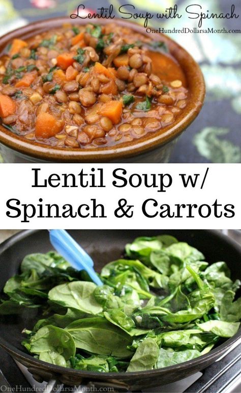 Lentil Soup with Spinach - One Hundred Dollars a Month Lentil Soup With Spinach, Spinach Soup Healthy, Spinach Lentil Soup, Soup With Spinach, Spinach Soup Recipe, Lentil Soup Recipes, Spinach Soup, Lentil Recipes, Spinach Recipes